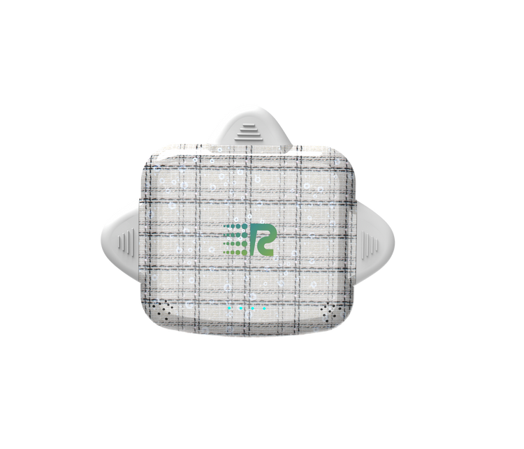 White electronic device with a grid pattern and green logo on a white background