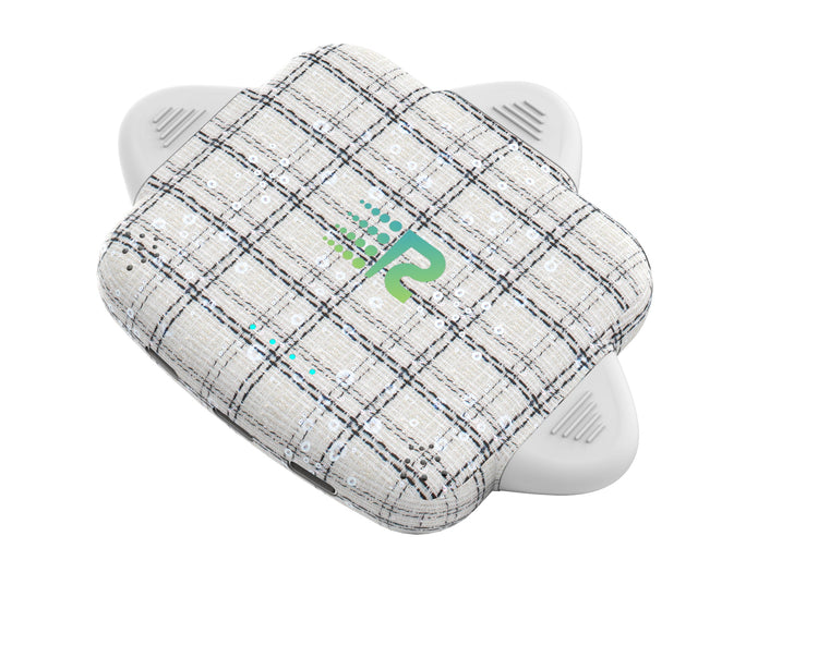 White and gray checkered product with a green logo on a white background