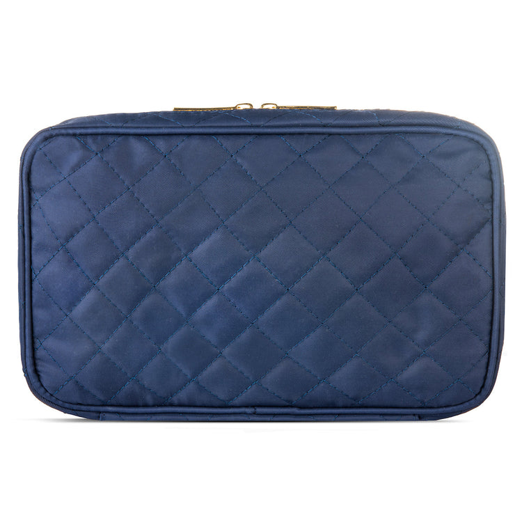Blue quilted rectangular pouch on a white background