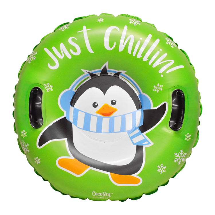 Inflatable tube with a penguin design and 'Just Chillin!' text on a green background