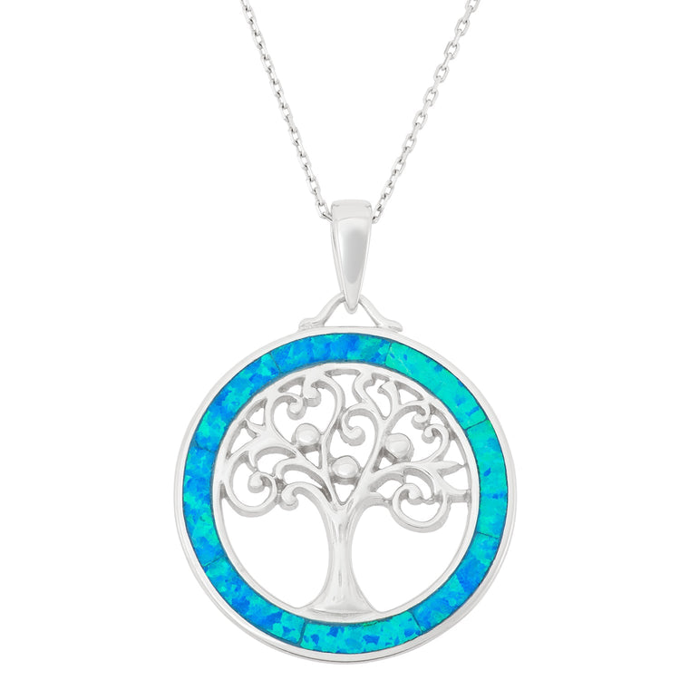 Sterling silver necklace with blue inlay opal in the shape of an open Tree of Life design on a cable chain.
