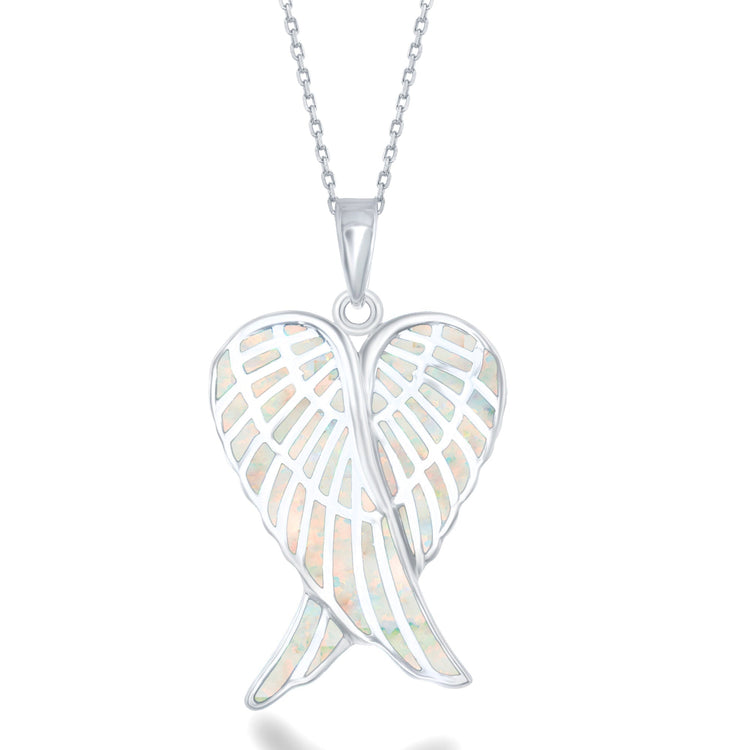 Sterling silver pendant with white inlay opal in the shape of angel wings, attached to a silver chain.