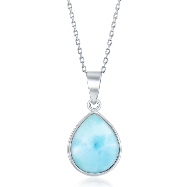 Sterling silver bezel-set Larimar teardrop pendant necklace on a cable chain.