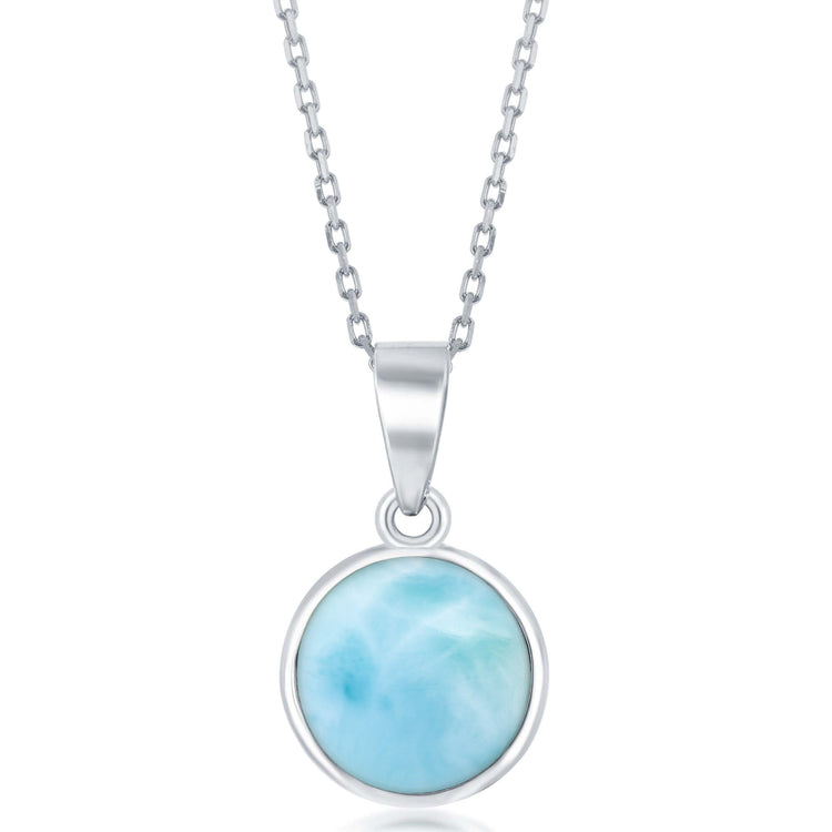 Sterling silver bezel-set round Larimar pendant necklace with a cable chain.