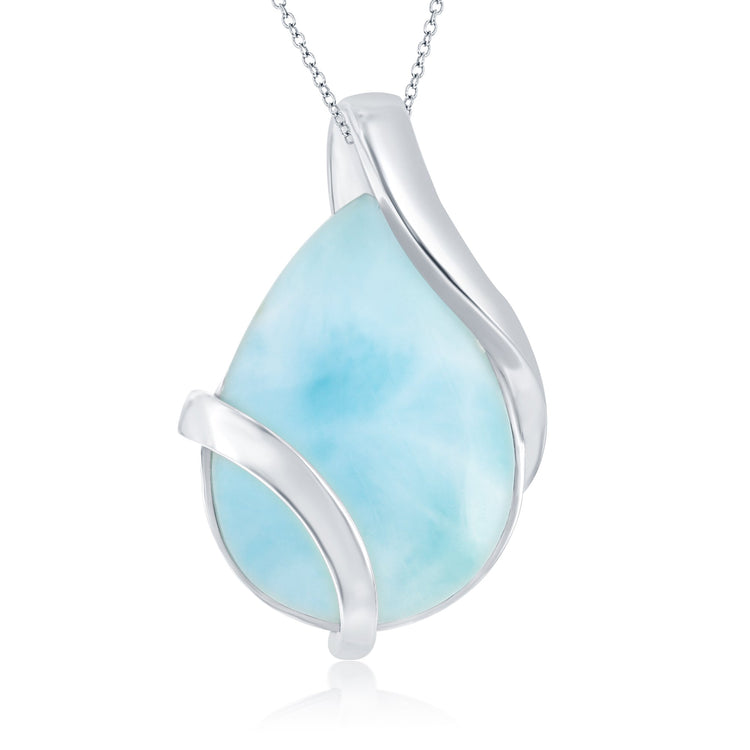 A sterling silver pear-shaped Larimar pendant necklace with a rhodium plating, featuring a large natural Larimar stone as the centerpiece, set in a smooth, teardrop-shaped frame, suspended from a cable chain.
