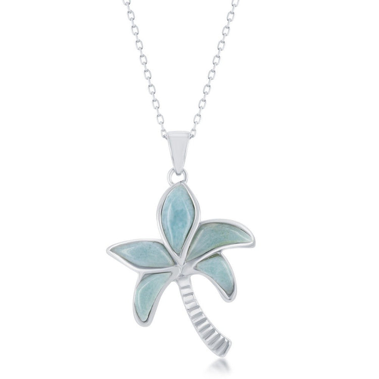 Silver necklace with a palm tree pendant on a white background
