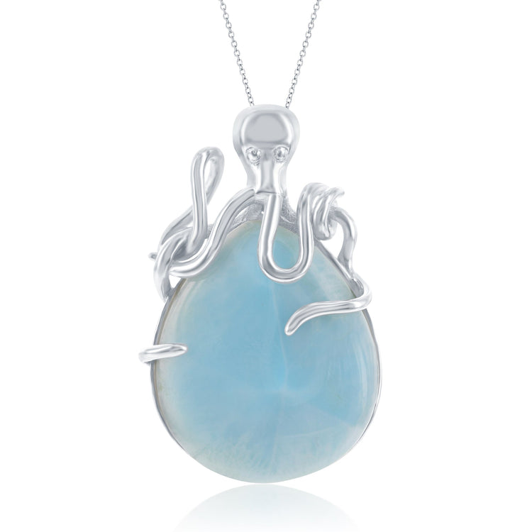 A sterling silver pear-shaped Larimar stone necklace with an octopus design on the pendant, displayed on a white background.