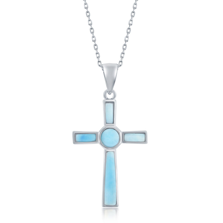 A Sterling Silver Larimar Cross Pendant Necklace with a cable chain.