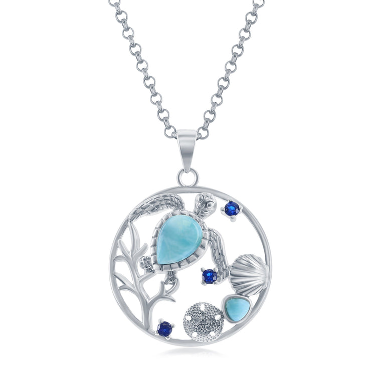 Sterling silver necklace with a turtle, seashell, and sand dollar pendant featuring natural Larimar and blue cubic zirconia stones on a cable chain.