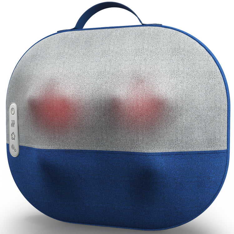 Blue and gray fabric case with a handle on a white background