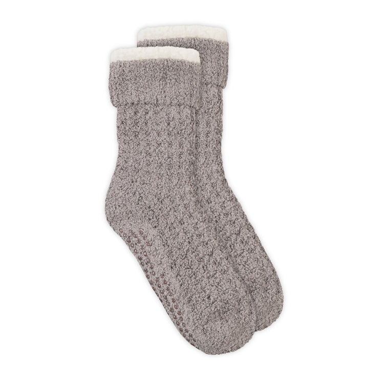 Pair of gray socks with white cuffs on a white background