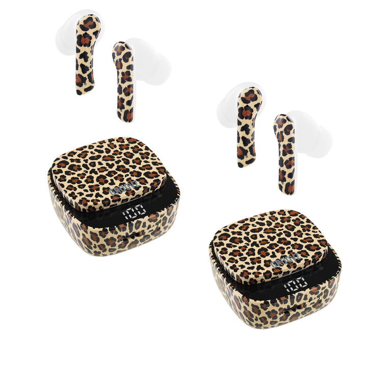 Leopard print wireless earbuds with matching charging case on a white background