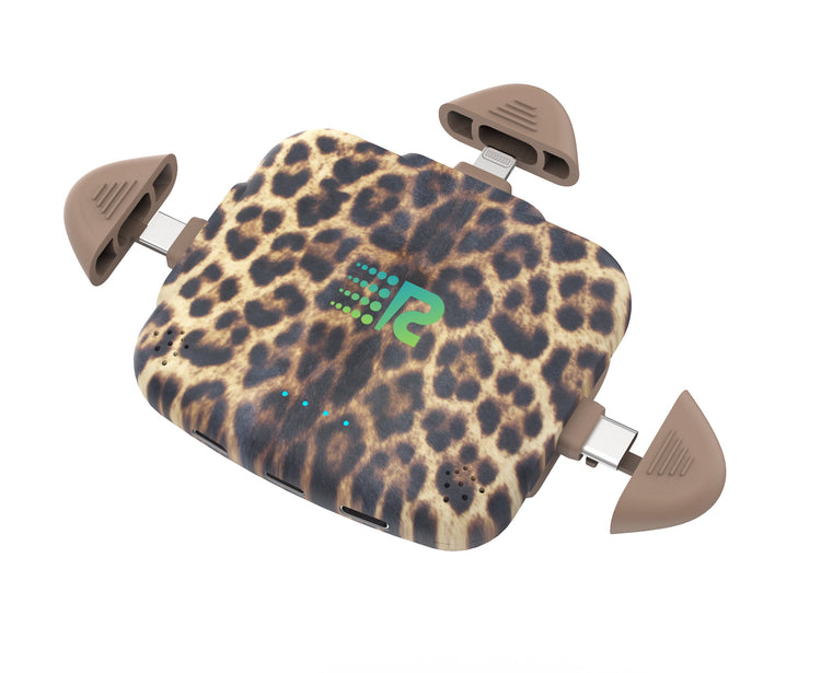 Leopard print device with a visible brand logo on a white background