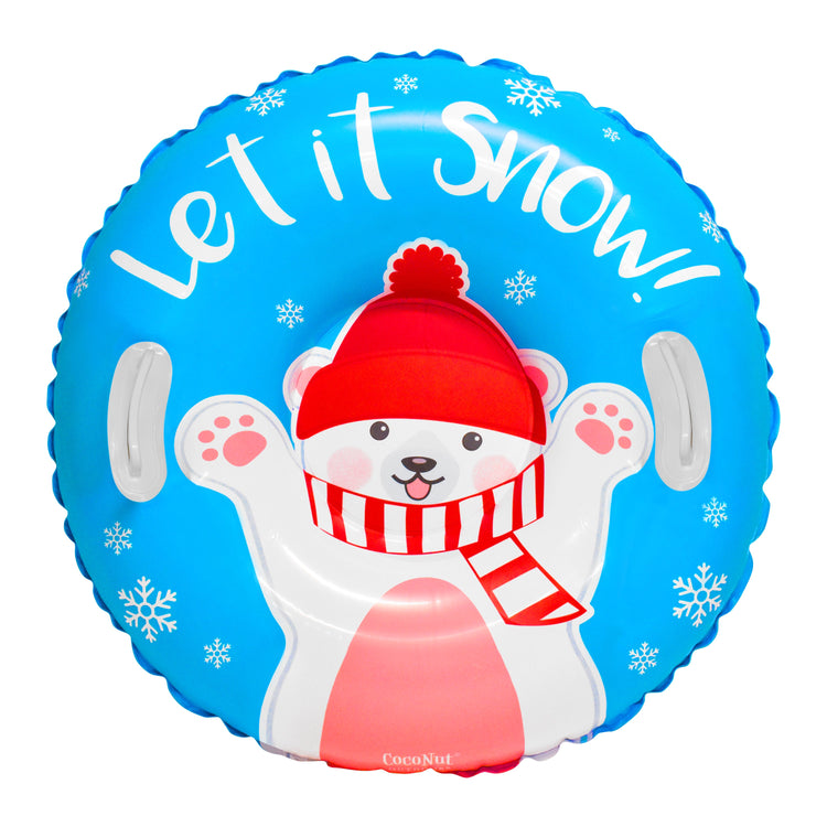 Inflatable polar bear with red hat and scarf on a blue background with 'Let it Snow!' text.