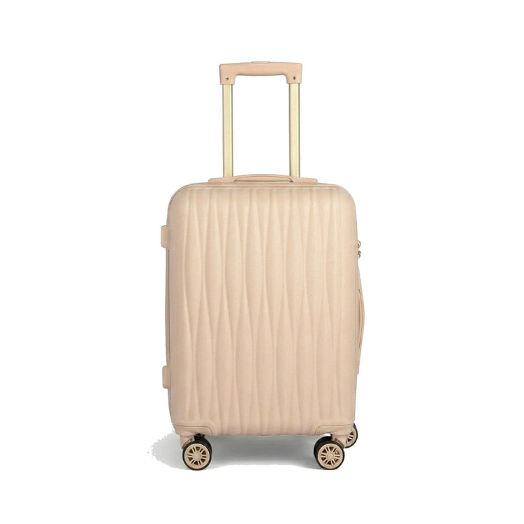Beige suitcase with a wooden texture on a white background
