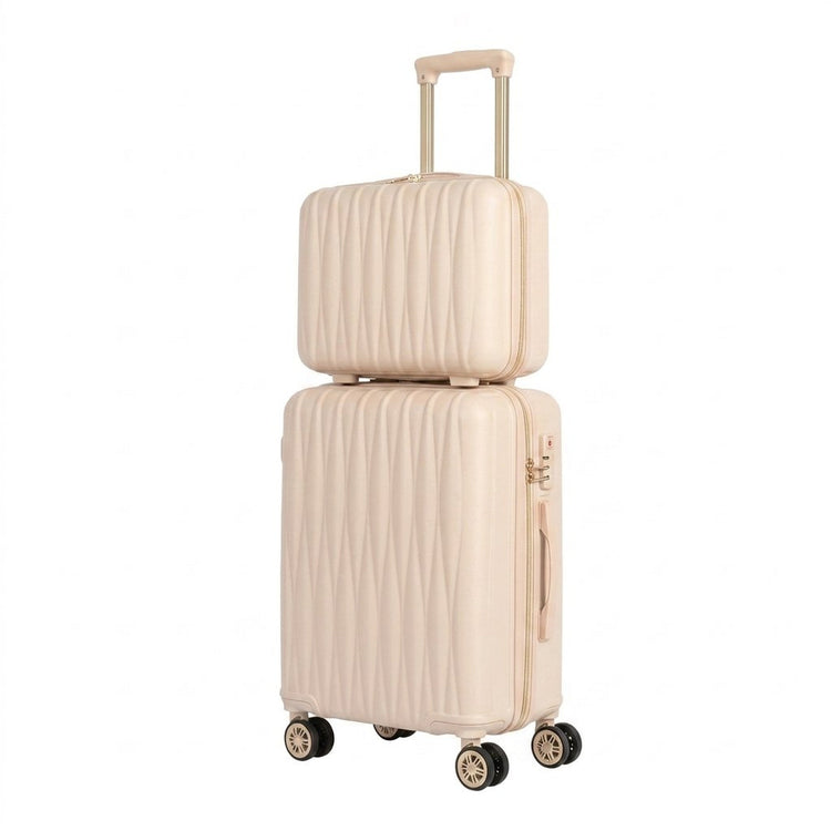Beige suitcase with a smaller matching suitcase on top on a white background