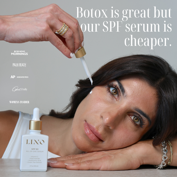 Woman applying LINO serum to her face with text about SPF serum being cheaper than Botox.