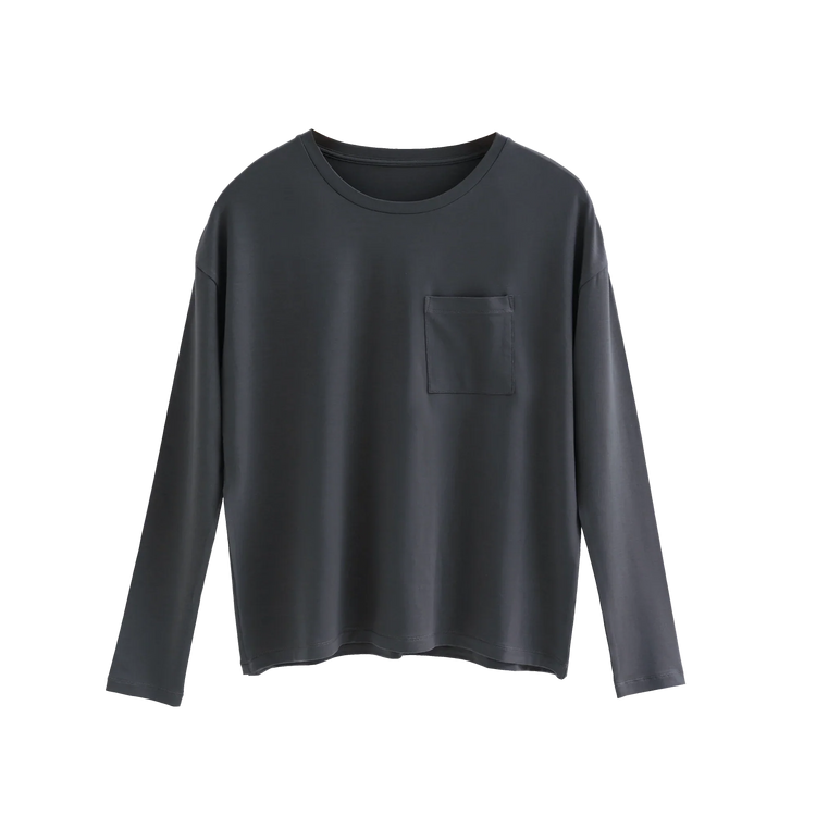 Dark gray long-sleeve shirt with a pocket on a white background