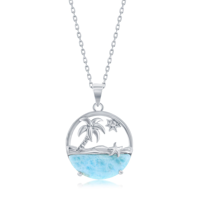 Sterling silver necklace with a circular Larimar stone pendant featuring a palm tree, sun, and starfish silhouette.
