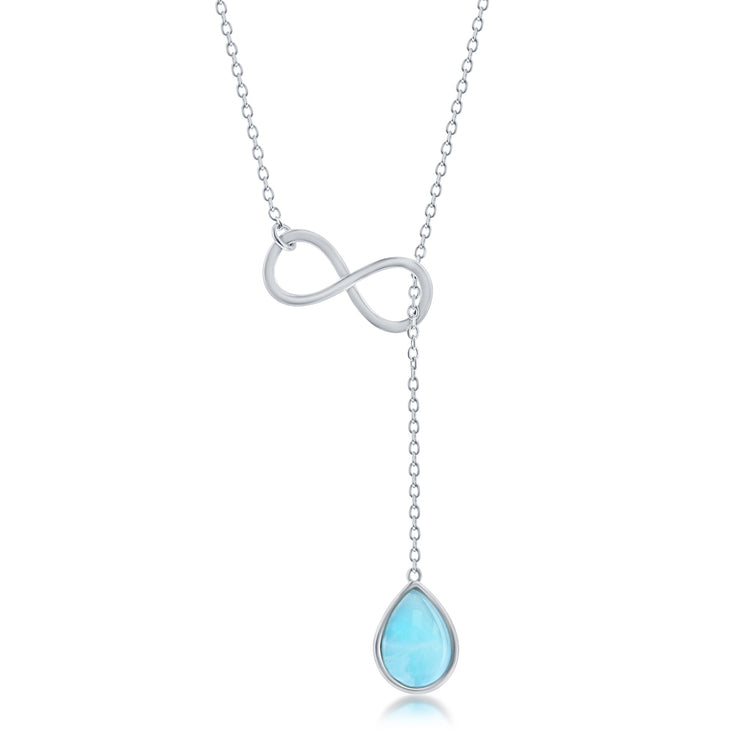 A sterling silver infinity symbol lariat necklace with a pear-shaped Larimar stone on a cable chain.