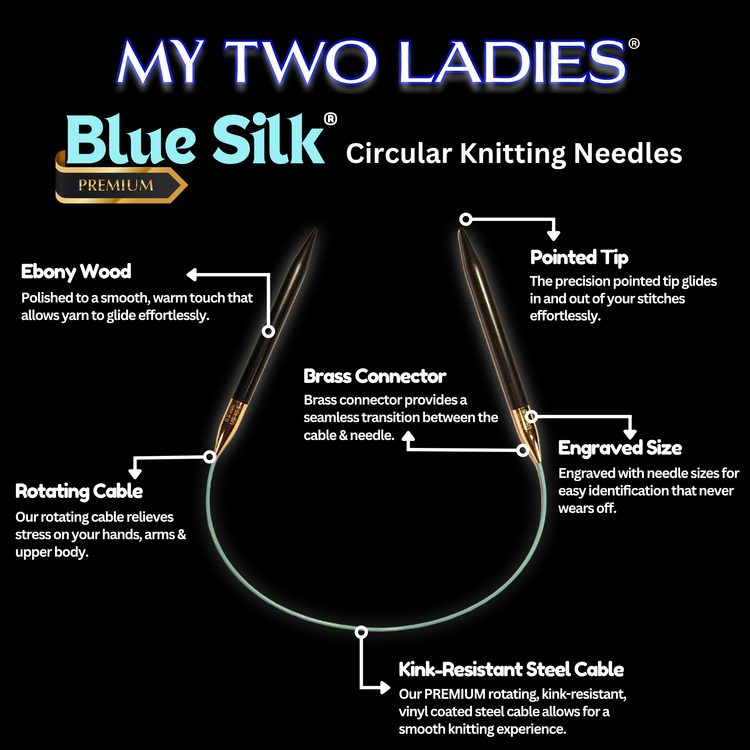 Blue Silk circular knitting needles with features highlighted on a black background