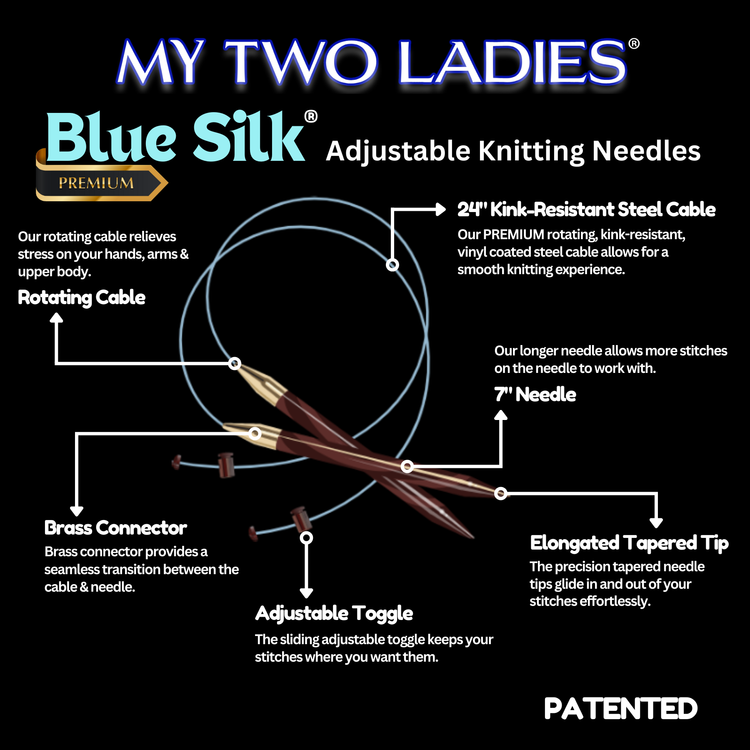 Advertisement for Blue Silk adjustable knitting needles with features highlighted on a black background.