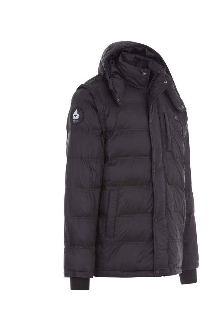 Black puffer jacket with a brand logo on a white background