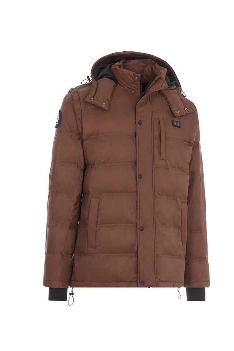 Brown winter jacket with a hood on a white background