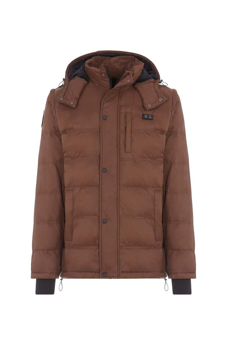 Brown winter jacket with a hood on a white background