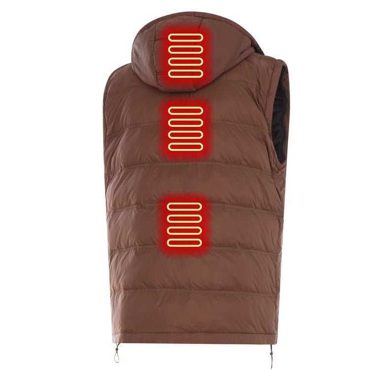 Brown puffer vest with heated back panels on a white background