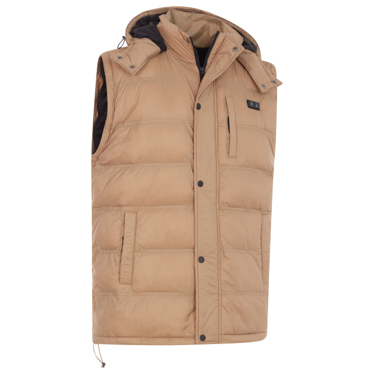 Tan puffer vest with a hood on a white background