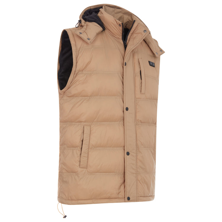 Beige puffer vest with black accents on a white background