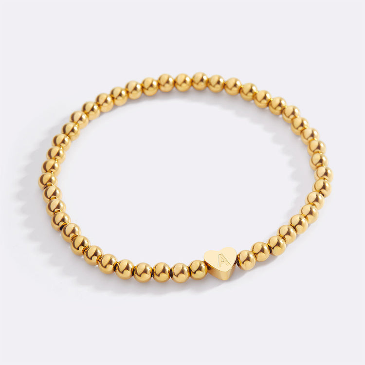 Gold Beaded Bracelet with Heart Initial (GOLD, 6.5")