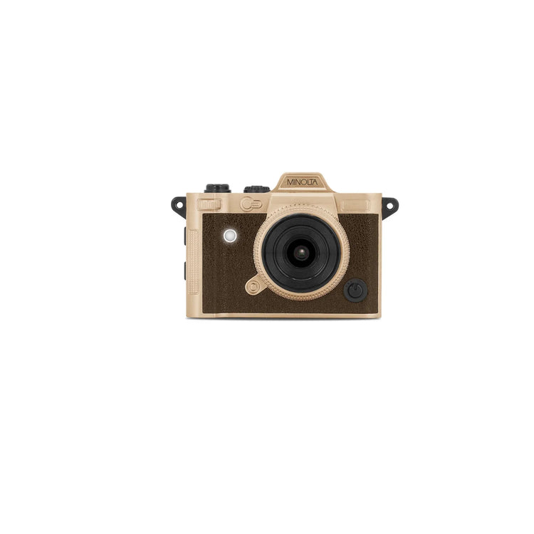 Wooden camera with 'Mina' branding on a white background