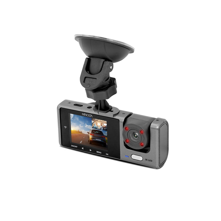 Car dashboard camera with screen displaying a road scene on a white background
