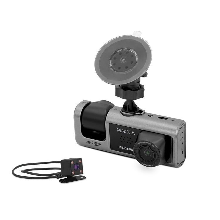 Car dashboard camera with a windshield mount on a white background