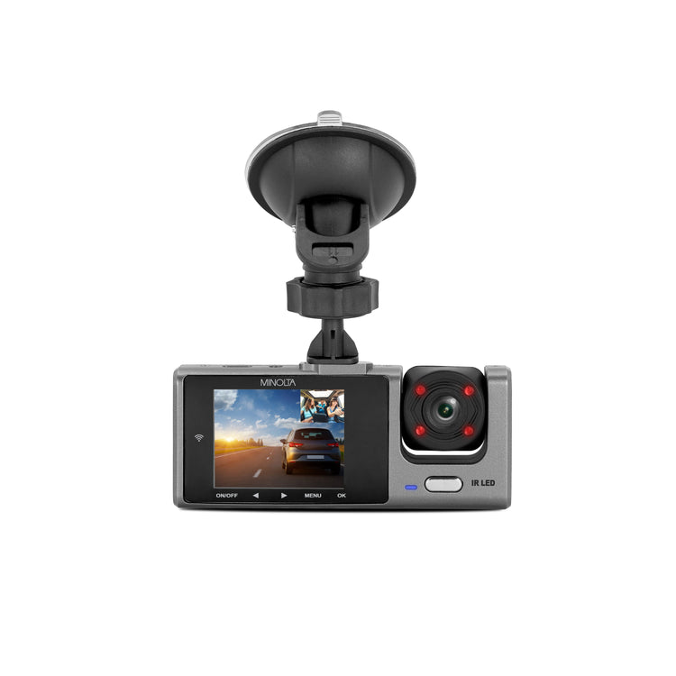 Car dashboard camera with screen displaying a road scene on a white background