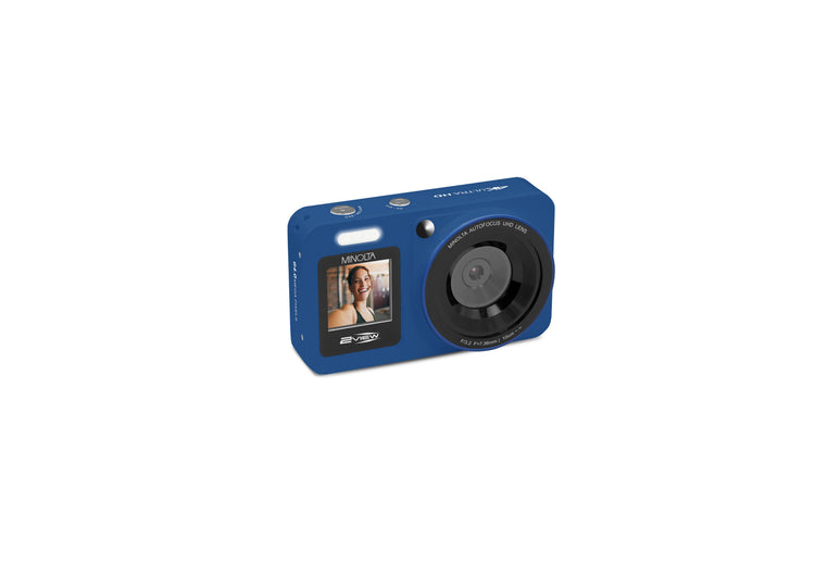 Blue digital camera on a white background