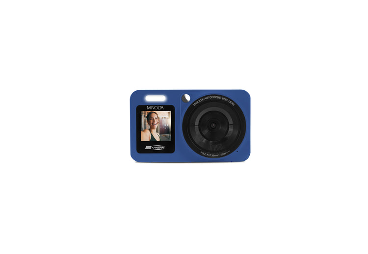 Blue digital camera with a screen displaying a photo on a white background