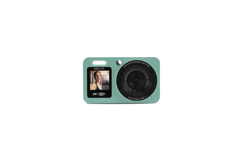 Mint green instant camera with a photo displayed on the screen against a white background