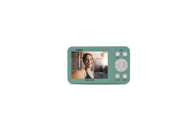 Green digital photo frame displaying a person's face on a white background