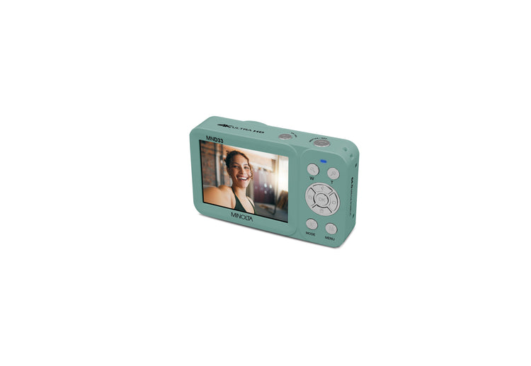 Digital camera with a screen displaying a person's face on a white background