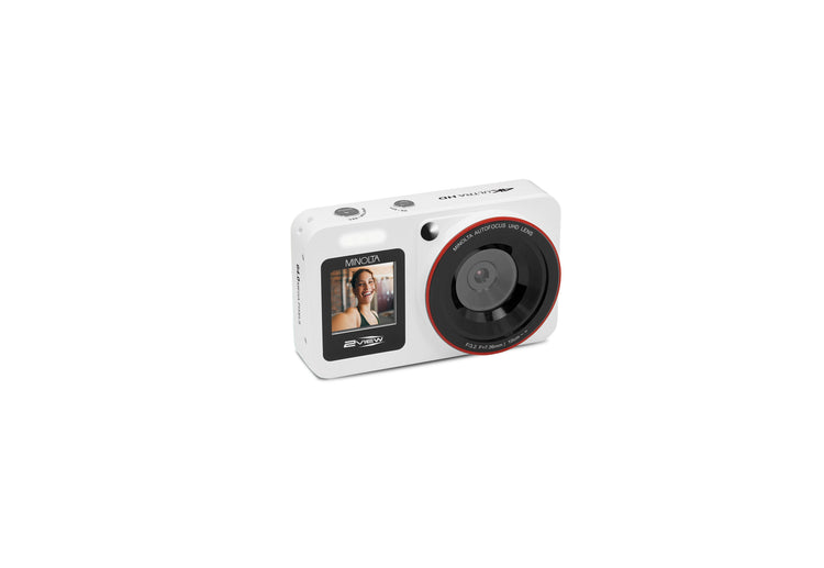 Digital camera with a screen displaying a photo on a white background