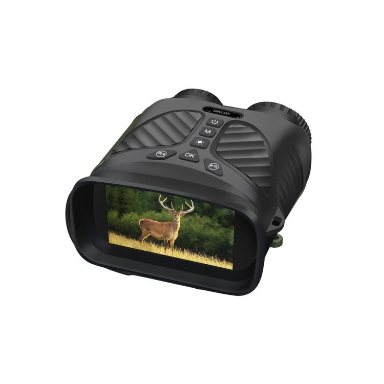 A black Minolta 10x25 digital night vision monocular with an image of a deer displayed on its screen.