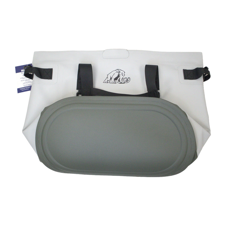 Gray seat pad with a white bag in the background on a white background