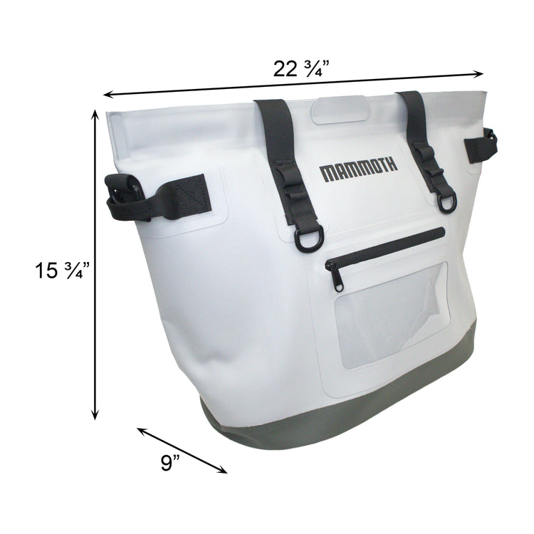 White cooler bag with black straps and dimensions labeled on a white background