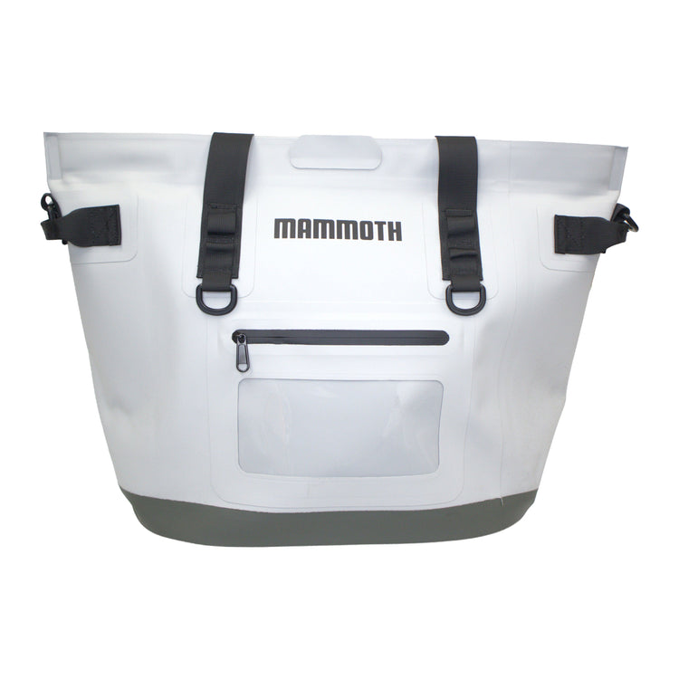 White cooler bag with black straps and 'Mammoth' branding on a white background