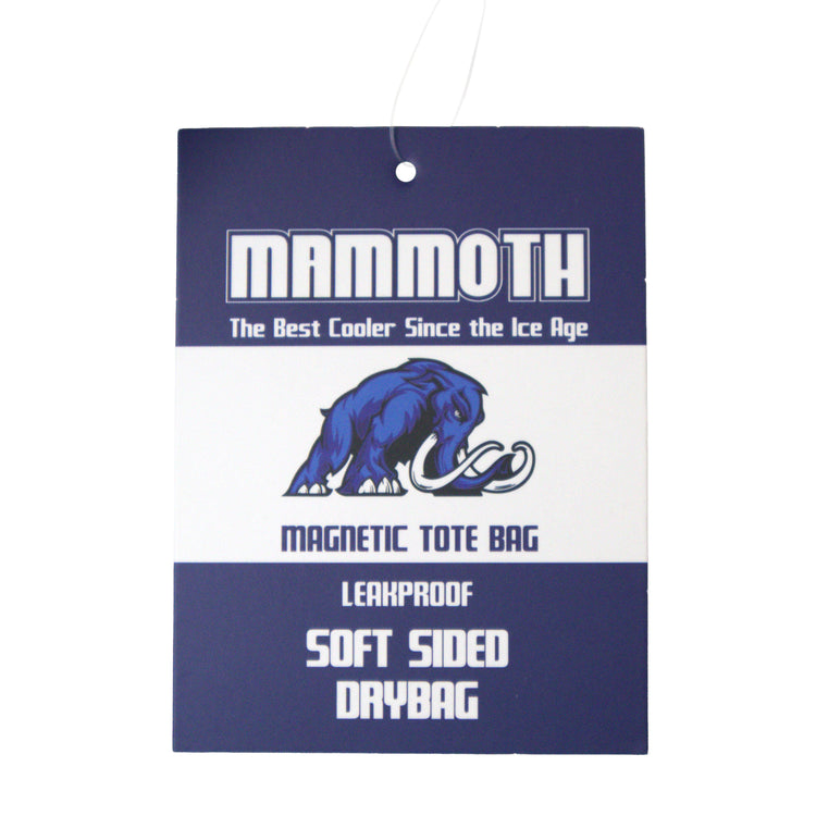 Mammoth magnetic tote bag packaging with blue mammoth illustration on a white background