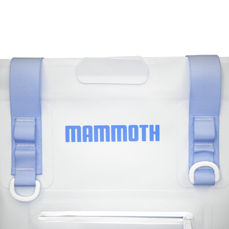 White cooler bag with blue straps and 'Mammoth' logo on a white background