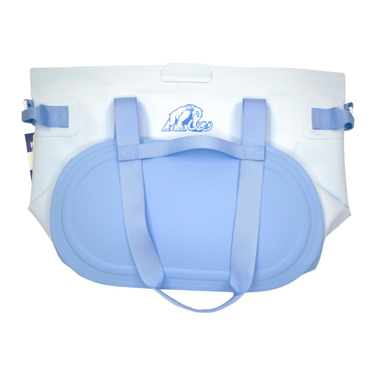 Blue and white diaper with a visible brand logo on a white background